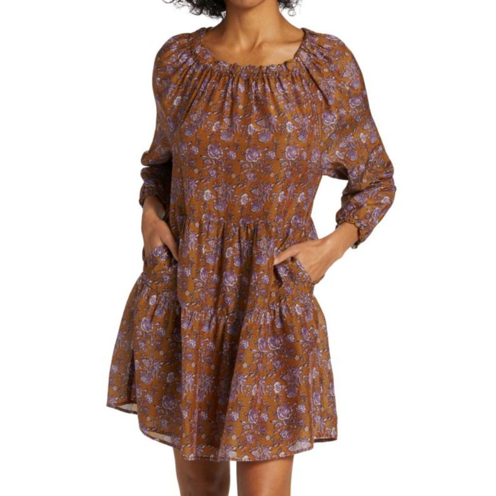 Xirena Lea Cotton-Silk Blend Dress Brown Floral Mini Womens Small